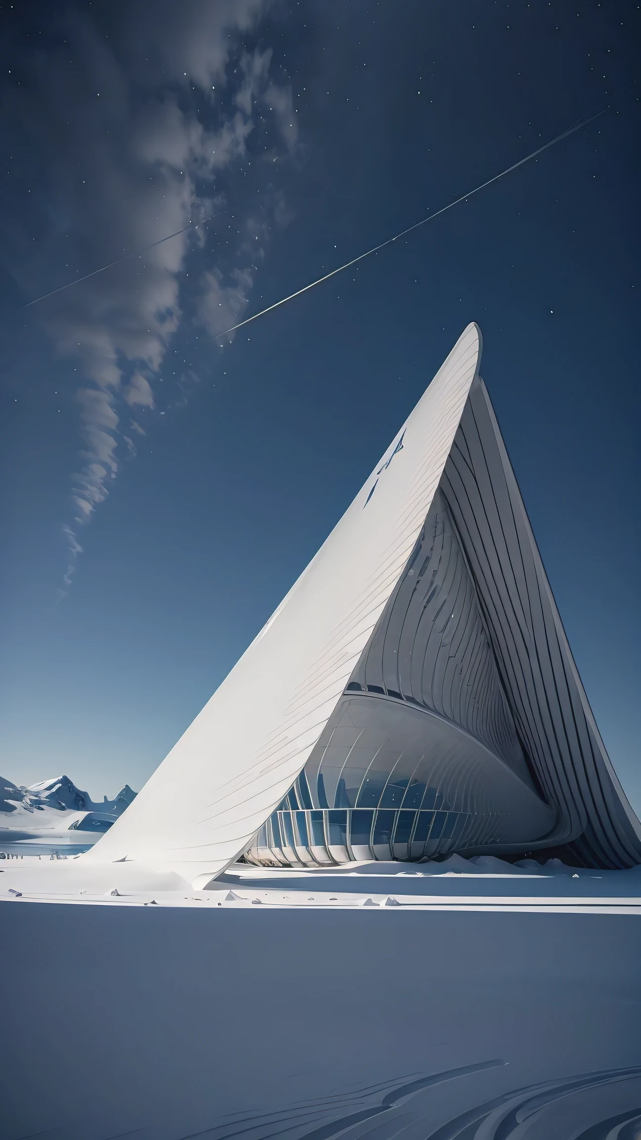 南極の雪氷河に建てられたザハ・ハディド風のパビリオン, 近代美術館. 説明には写真撮影の技術的な詳細も含まれる, シグマアート14mm f/2.8の使用など/1.8レンズ, ISO 3200の設定, 絞りf/1.8