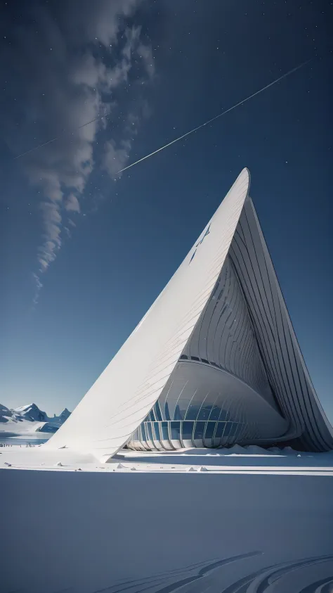 Pavilion in style of zaha hadid in snow glacier in Antarctica, modern museum. description also includes technical details of the...