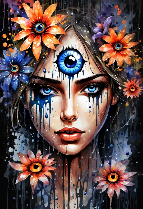 watercolor paint, center position of danger girl head with beauty face, evil eye flower, on darkest splash, around dark-fantasy fractal flowers, high quality, dripping rain,