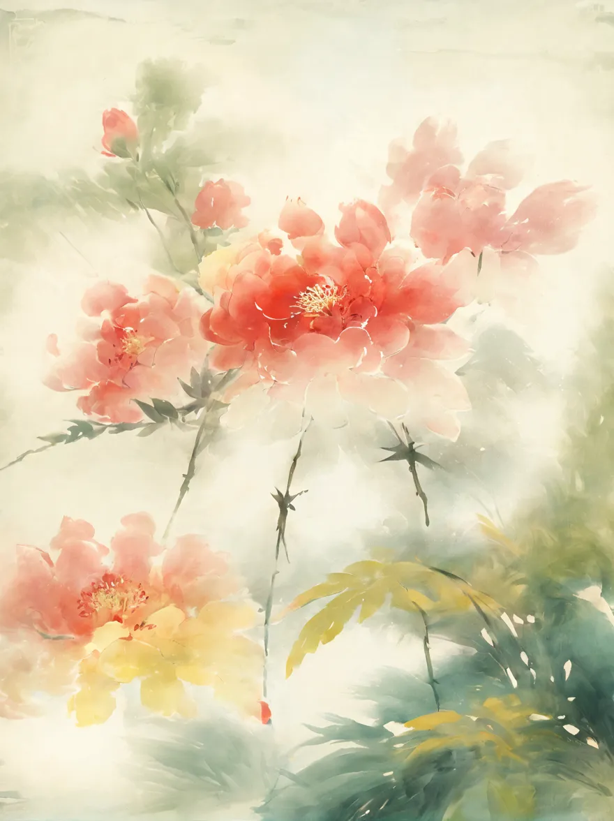 chinese watercolor paintings focus on the beauty and characteristics of flowers，using traditional chinese watercolor style，captu...