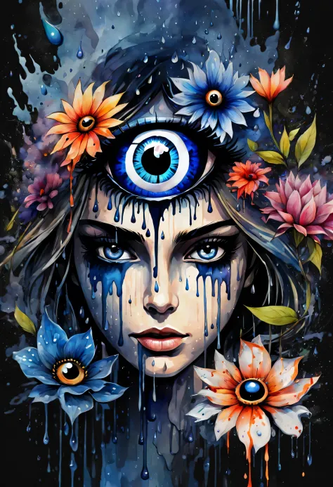 watercolor paint, center position of danger girl head, evil eye flower, on darkest splash, around dark-fantasy fractal flowers, high quality, dripping rain,