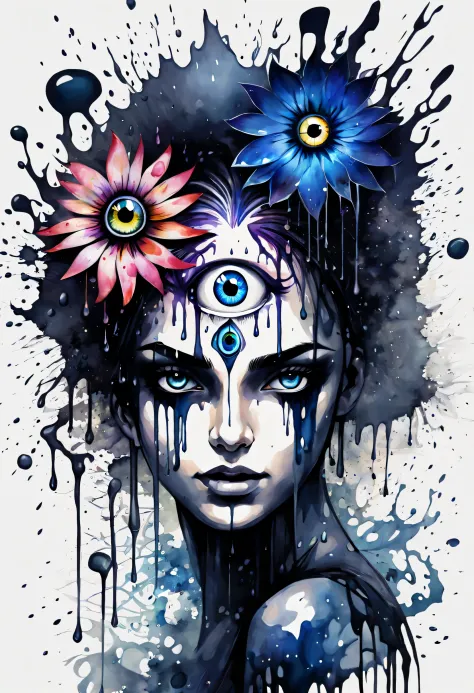 watercolor paint, center position of danger girl head, evil eye flower, on darkest splash, around dark-fantasy fractal flowers, high quality, dripping rain,