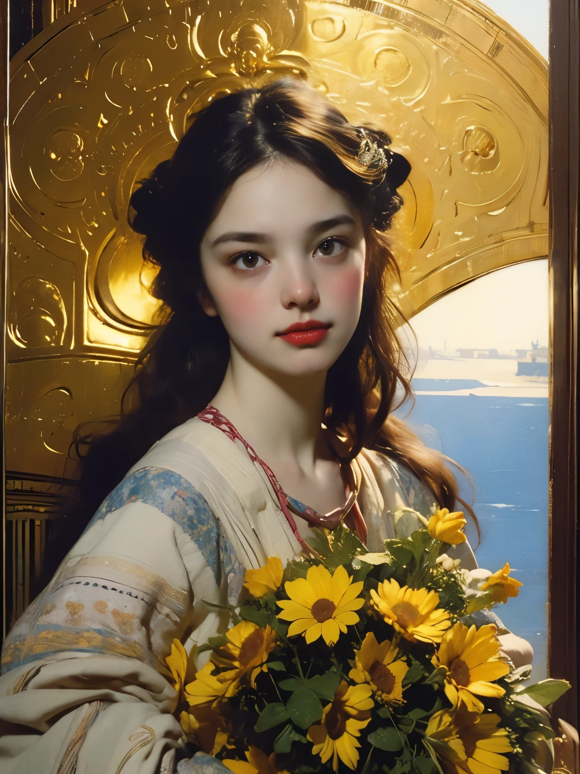 painting of a woman holding a bouquet of sunflowers in front of a golden background, hyperrealistic art nouveau, chie yoshii, andrey remnev, by Yamagata Hiro, mucha klimt and tom bagshaw, inspired by J. C. Leyendecker, inspired by J.C. Leyendecker, inspired by James C. Christensen