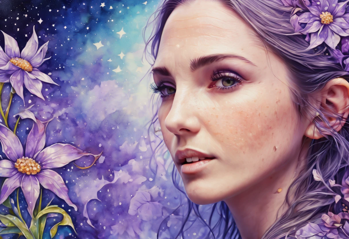 Watercolor Flowers , portraits, fantasy art, detailed features, vibrant colors, detailed  features, long flowers, subtle magical lighting, three side view, 1 side potrait,2 side close, 3 side in the batlle, photo collage, soft purple, film grain, detailed pores and wrinkles on the skin film grain, detailed pores and wrinkles on the skin, detailed elf village in backfround, full of stars sky, zentangle 