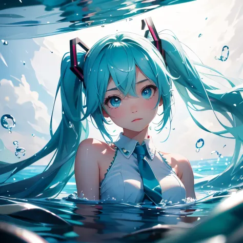 highest quality, expressive eyes, perfect face, 1 girl, alone,Hatsune Miku、Floating in water、There are water droplets at the end...