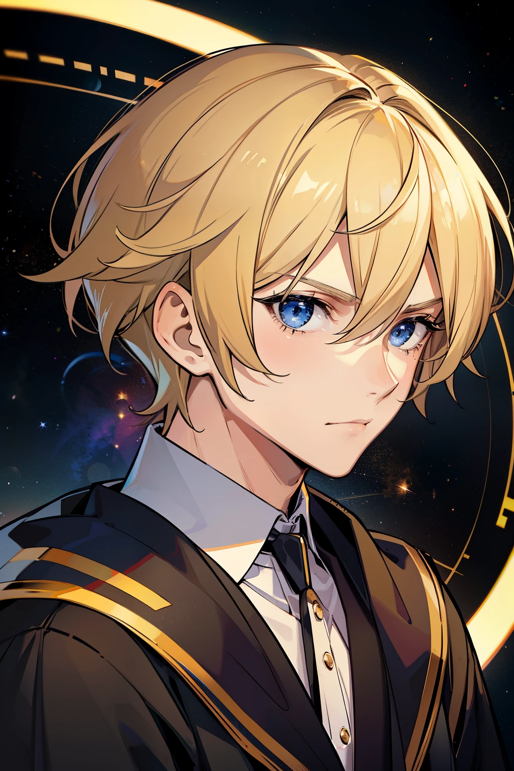 (high-quality, breathtaking),(expressive eyes, perfect face) 1male, male, solo, teenager, short length hair, blonde with brown highlights hair color, unkept hair, dark blue eyes, serious expression, black robe, white shirt, Saturn, Saturn Roman God of Time, time in background, space background, portrait
