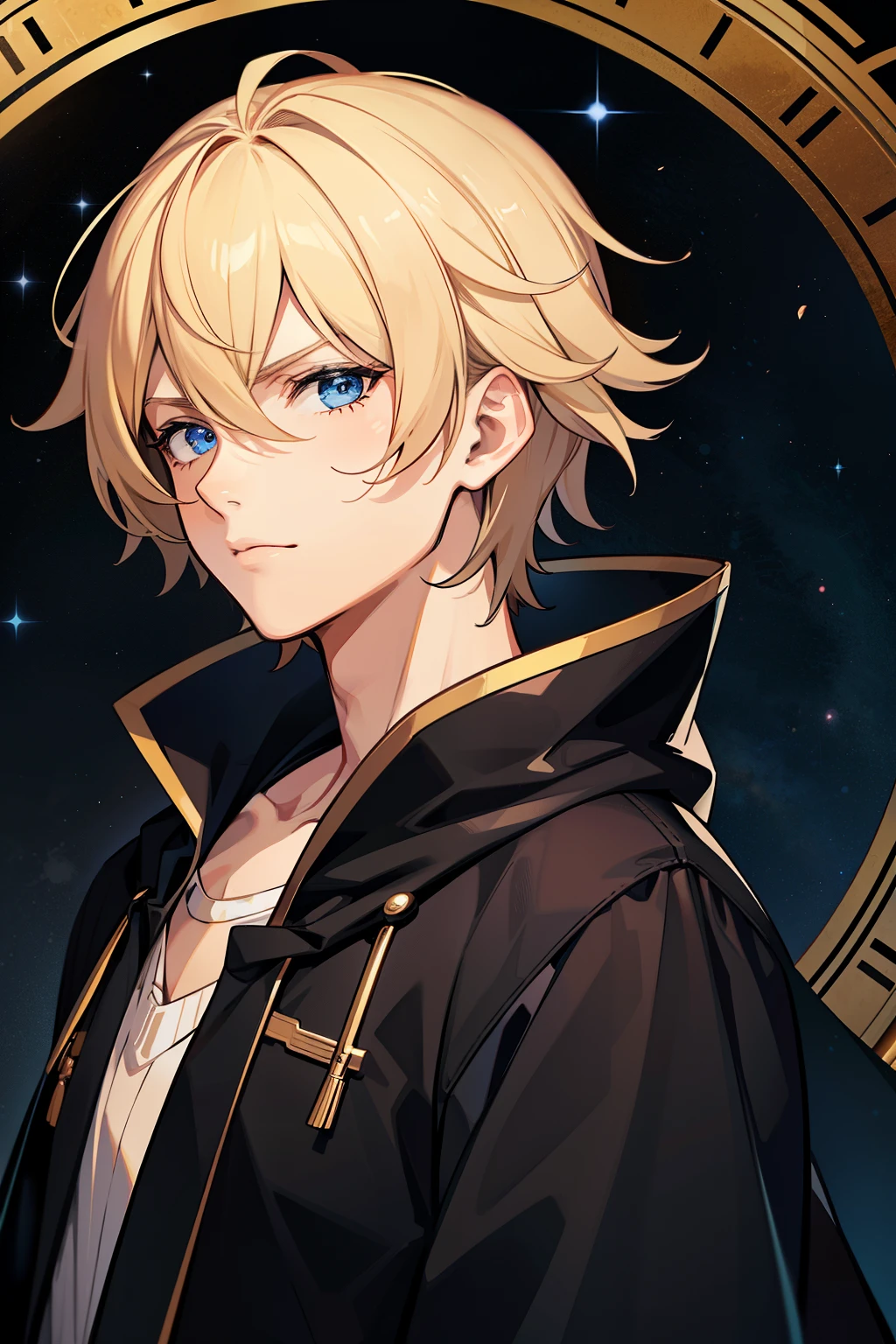 (high-quality, breathtaking),(expressive eyes, perfect face) 1male, male, solo, teenager, short length hair, blonde with brown highlights hair color, unkept hair, dark blue eyes, serious expression, black robe, white shirt, Saturn, Saturn Roman God of Time, God of Time background, space background, portrait
