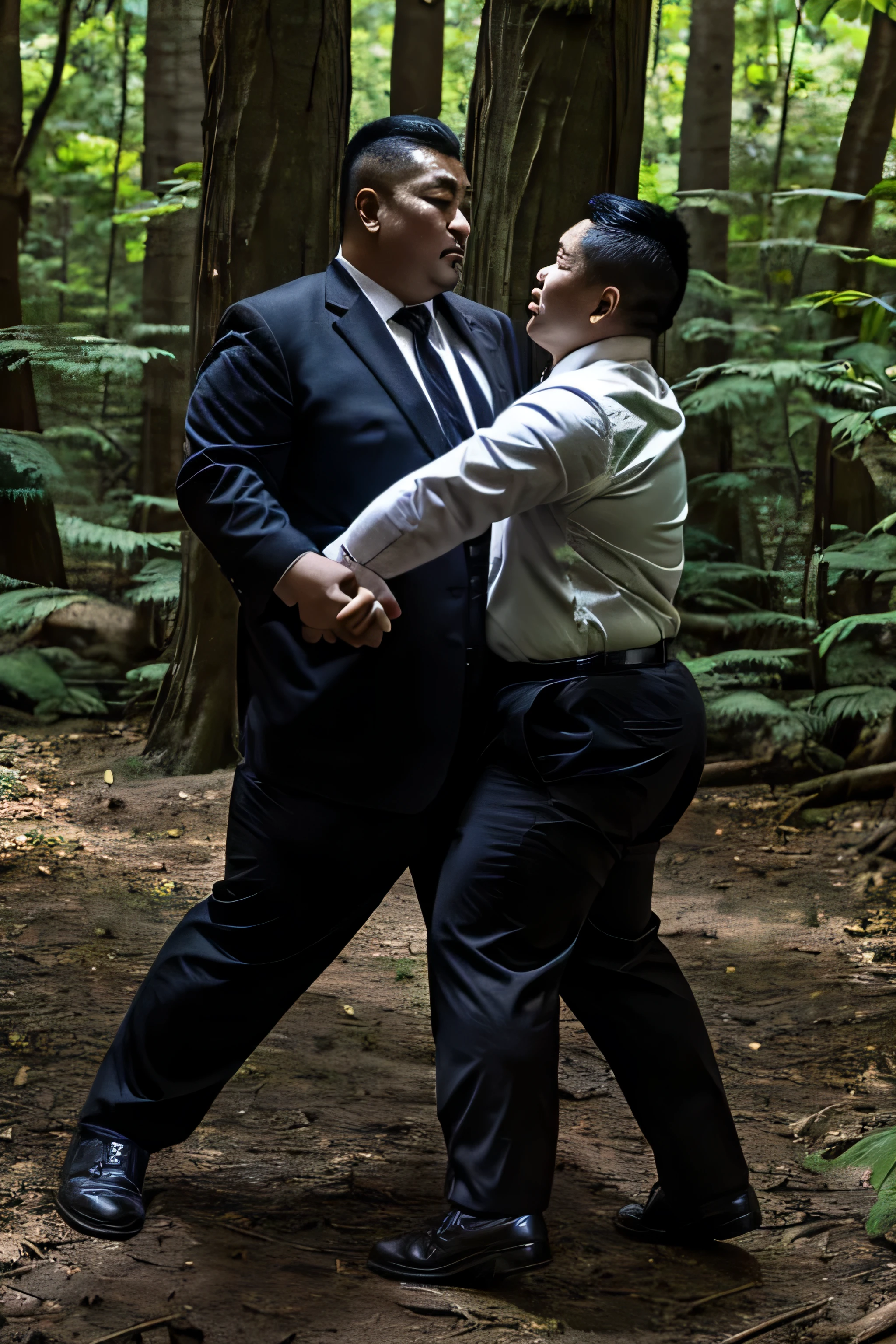 There are two men in suits standing in the woods together - SeaArt AI