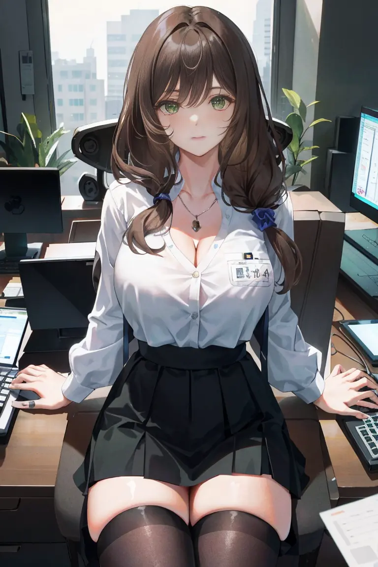 lisa, genshin impact, 1 girl, alone, ((white shirt)), black thighhighs, huge breasts, cleavage, uniform, office background, blac...