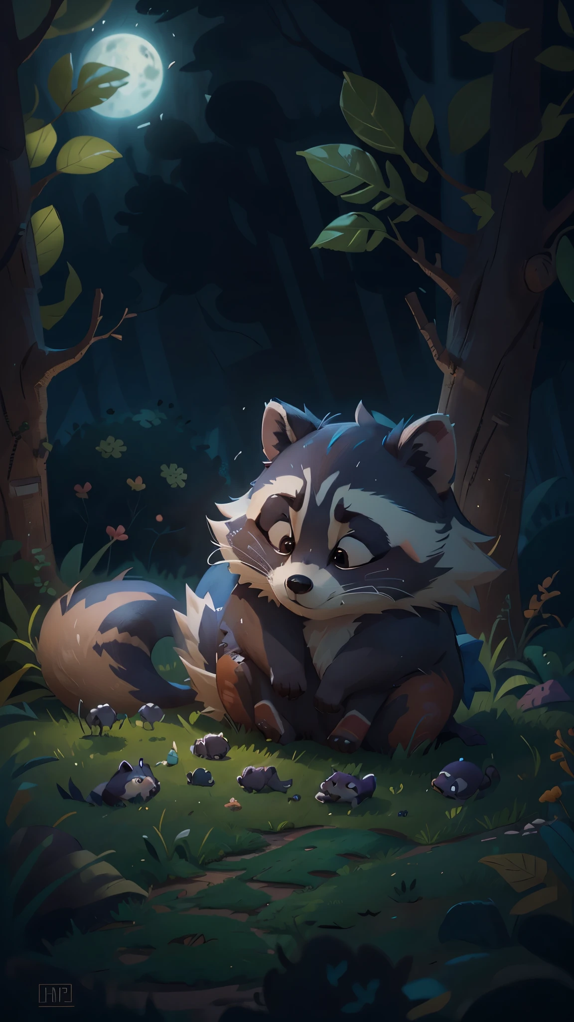 A painting of two raccoons cuddling in the woods at night - SeaArt AI