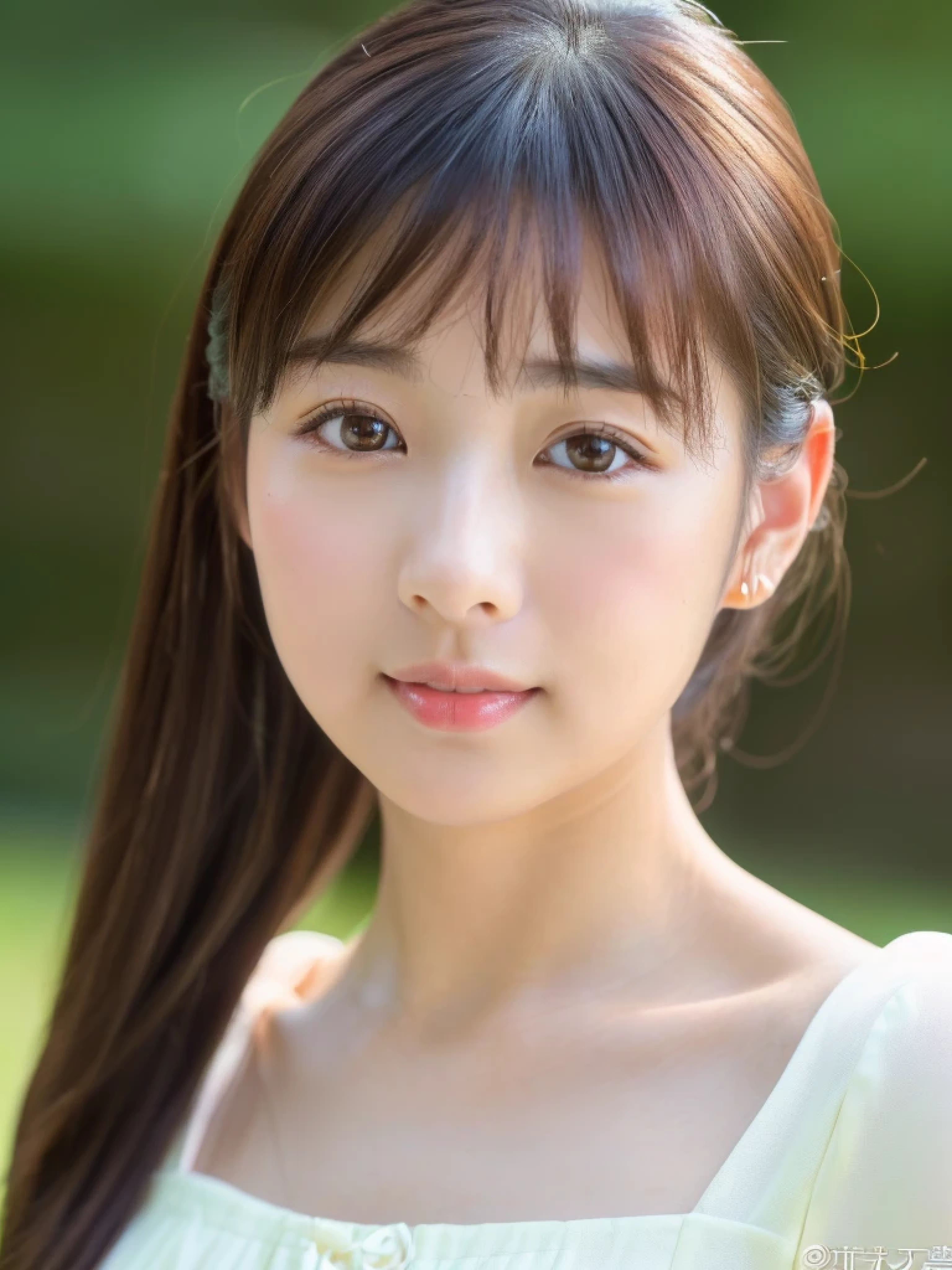 ((cute日本の女の子、beautiful japanese girl、1 girl、clear、19 years old、ponytail、Highly detailed face and skin texture、refinement、super detailed face、highly detailed eyes、Lee Hong、blush、cheek、ピンクのcheekを塗ったcheek、close-up of woman、 from the neck up、 Close to the camera、 positive face、Forward-facing body、look at the camera、front、cute、smooth white skin、Transparent skin texture、))、(dark brown hair、bangs)、beautiful woman with perfect style：1.4、japanese model、young gravure idol、若いcuteグラビアアイドル、Realistic young gravure idol、refinementされたグラビアアイドル、((highest quality、8K、masterpiece:1.3、１photograph))、(4K、RAWphotograph、highest quality)、(realistic、フォトrealistic:1.37)、Place someone on the other side of the screen、Natural light、