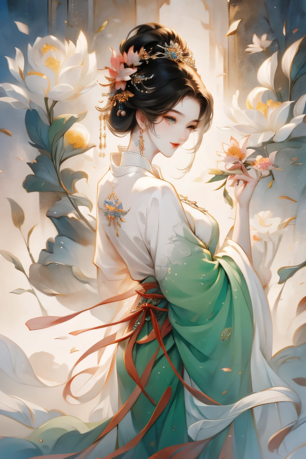 [tarot cards:1.4]，Symmetrical up and down，daughter，full body lesbian，Fold your hands to bloom，（Very detailed:1.1），masterpiece，Super fine，best quality，8k dynamic sense，limbs stretch freely，Close-up of a smart woman，She has a fan and flowers in her hair, beautiful fantasy queen, ancient chinese princeseautiful fantasy queen)), palace ， A girl wearing Hanfu, ancient asian dynasty princess, chinese princess, Queen of China, beautiful figure painting, Beautiful rendering of the Tang Dynasty, Inspired by Lan Ying, royal elegant pose, ancient chinese art style
