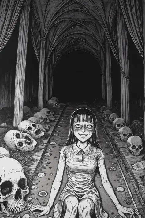 Woman, smile, sitting in tomb, surrounded by corpses, disgusting, creepy, nightmare, disturbing, by Junji Ito,