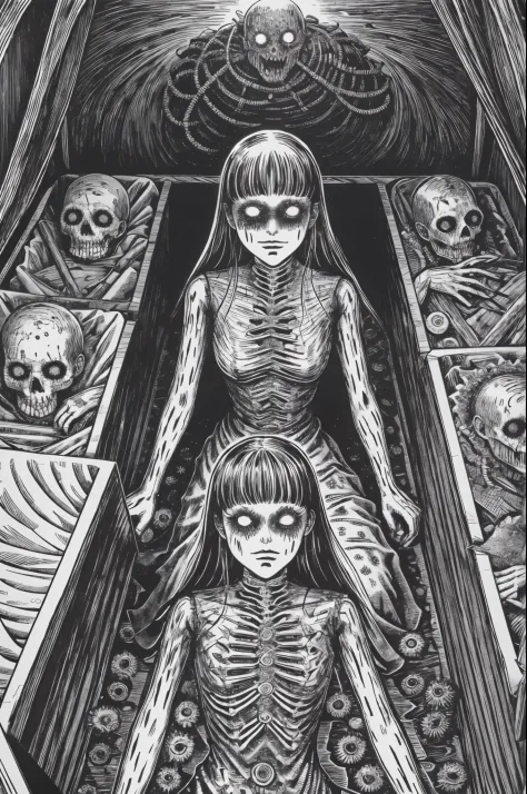 Woman, smile, sitting in tomb, surrounded by corpses, disgusting, creepy, nightmare, disturbing, by Junji Ito,