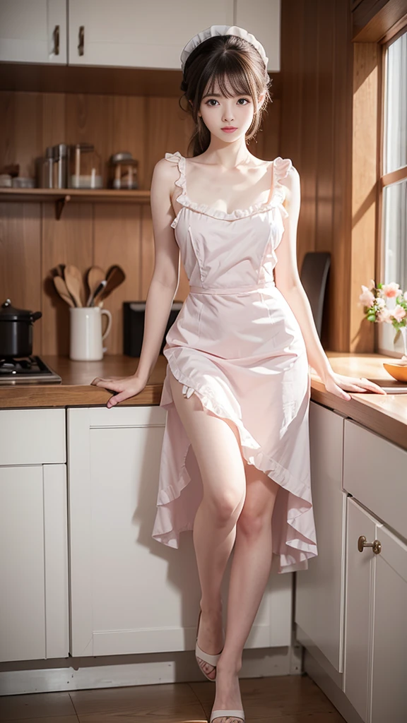 Uma linda mulher na cozinha, usando vestido de empregada clássico, pele pálida, smooth pele pálida, pele afinada rosa, Corpo detalhado, corpo todo, super detalhado, 8K
