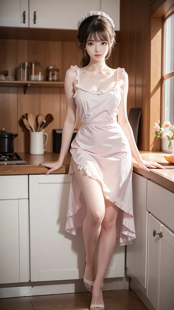 A beautiful woman in kitchen, wearing classic maid dress, pale skin, smooth pale skin, skin tune pink, detailed body, full body,...