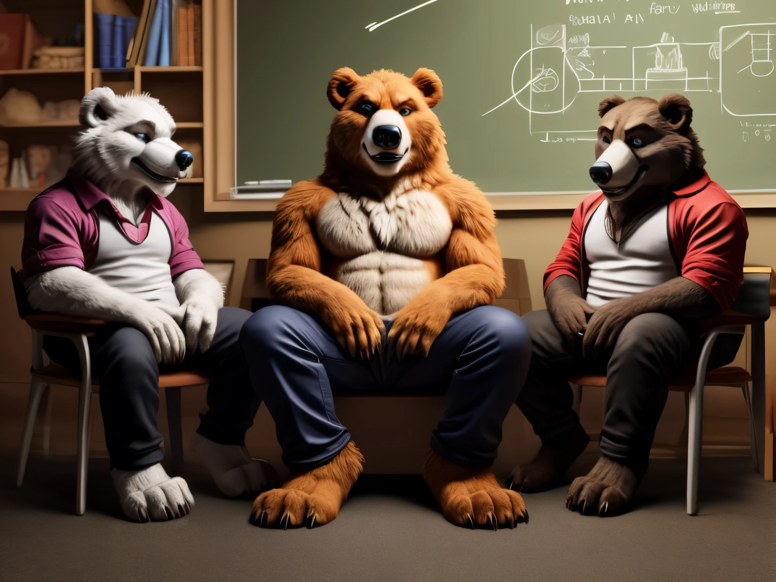 A group of young school furry (fox, huskey, bear etc.) boys with long pants, barefoot and entranced, sit in a classroom under the watchful gaze of their evil teacher. Their minds have been twisted and manipulated, as they sit, drooling and mesmerized, their nice paws with short claws twitching. The green glow in their eyes a clear indication of their brainwashed state.