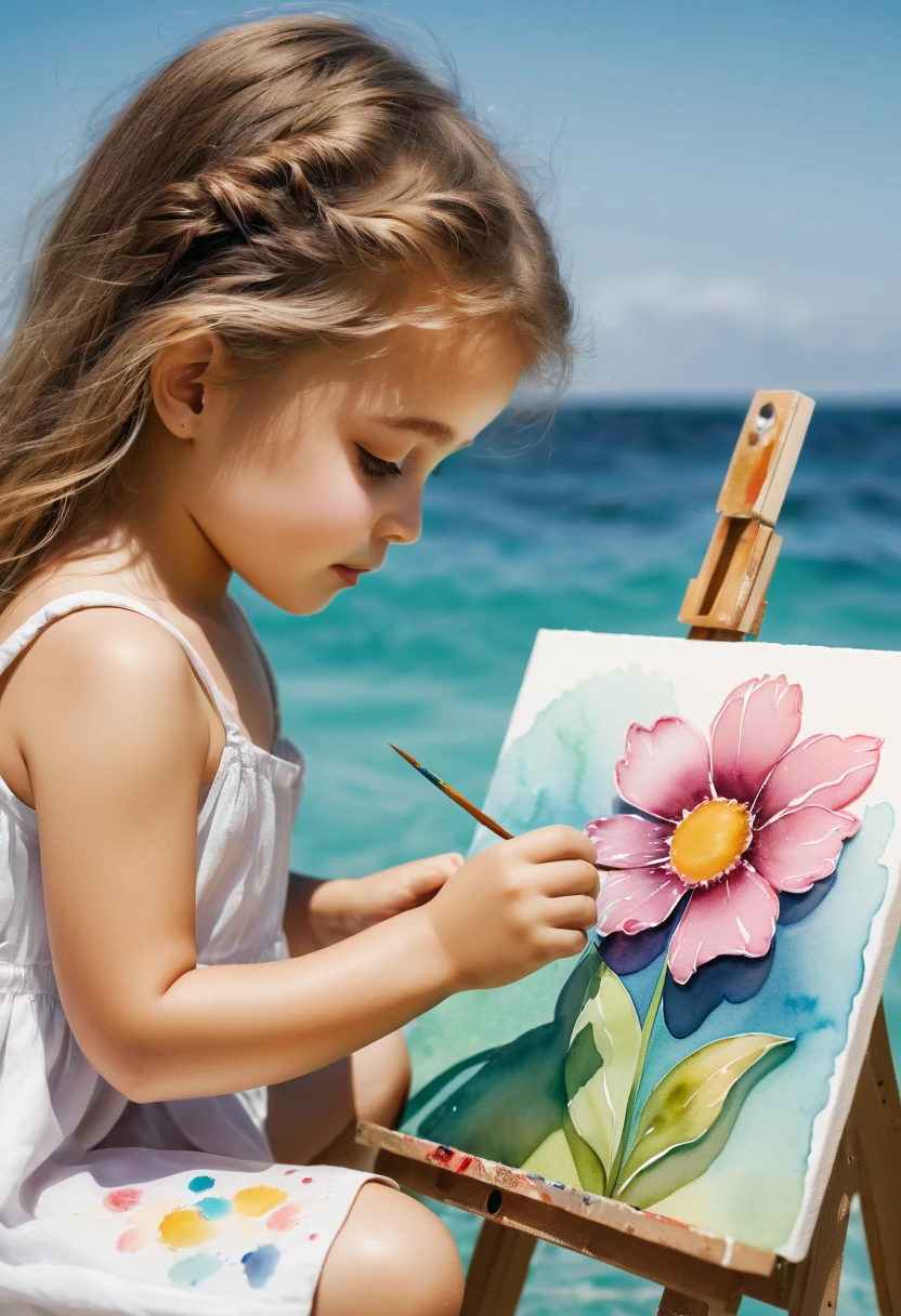 cute little japanese girl painting a flower , watercolor, inside canvas, side of the sea, from behind