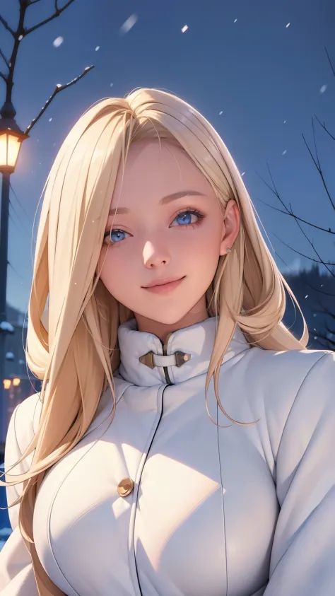(masterpiece), (best quality), 1girl, (perfect face:1.2), (beautiful face:1.2), platinum blonde hair, (from under, upper body:1.3), happy, light smile, looking at viewer, pose, 
winter coat, outdoors, winter, snow, night time, intricate, depth of field, ci...
