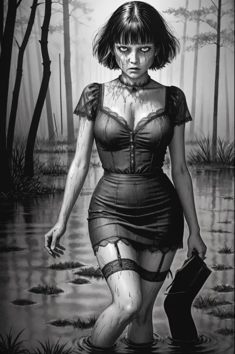 (Best Quality,hight resolution:1.2),Mature Terrorized Woman,,wrinkles,Bob haircut,(jeans skirt:1.05),lace blouse,(lace stockings with garters), standingn, ( drowning in a swamp:1.2),expression of despair,Dark and moody lighting, terror. The pose expresses ...