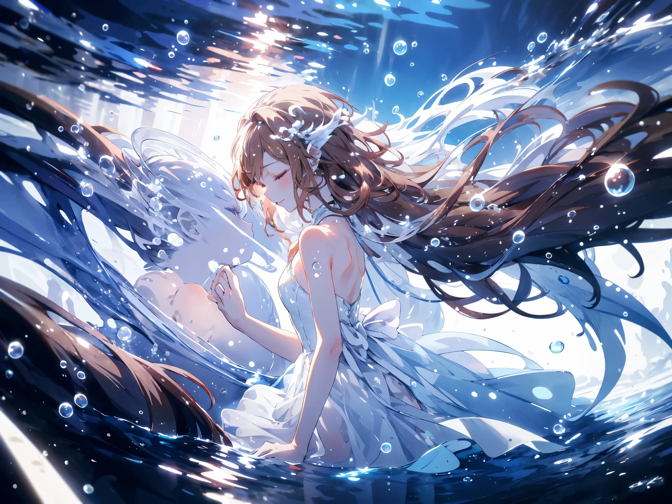 an artwork of a woman in white 裙子 and flowing white hair under water, 1女孩, 裙子, 水下, 独自的, 长发, 闭上眼睛, 棕色的头发, air 气泡, 赤脚, 气泡