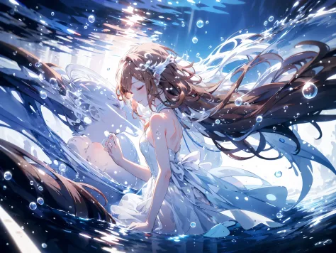 an artwork of a woman in white dress and flowing white hair under water, 1girl, dress, underwater, solo, long hair, closed eyes,...