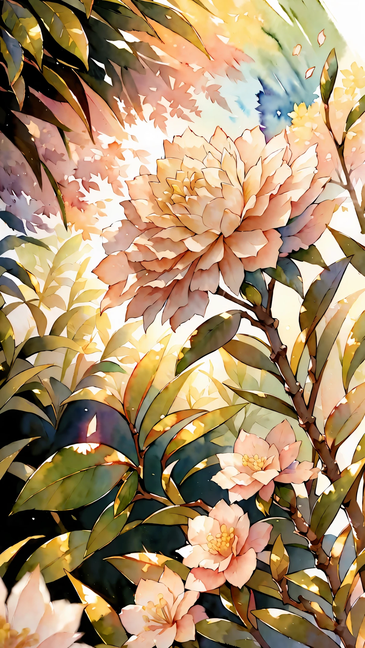 (8K, RAW photo, 最high quality, masterpiece:1.2), (watercolor painting), Flowers flutter, ((beautiful, camellia)), ((Extreme background bokeh, high quality, surreal, bright colors, ((very detailed))