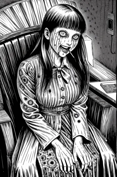 woman, creepy smile, messy hair, horror, eating lollipop, sitting in chair, disgusting, creepy, nightmare, disturbing, blood on face, blood on clothes, by junji ito,