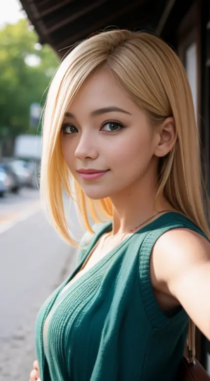 25 years old, rubia, sonriente, looking to the camera, japonesa