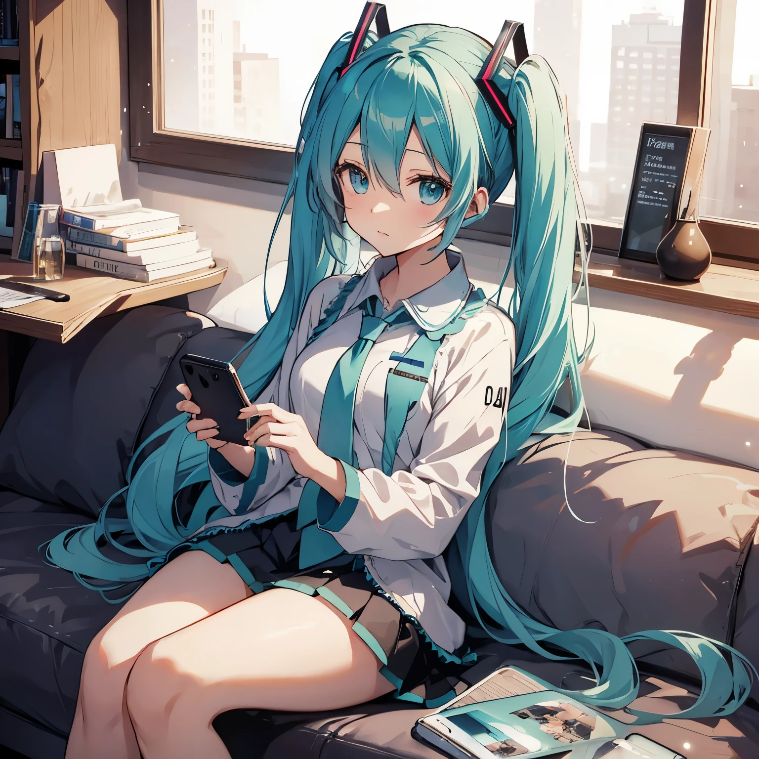 Anime girl with blue hair sitting on a couch holding a cell phone - SeaArt  AI