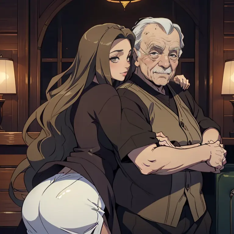 (((Beautiful woman with a big sexy ass hugging a 90 year old man))), mulher de vestido sexy, sala mobiliada, (((90 year old man ...