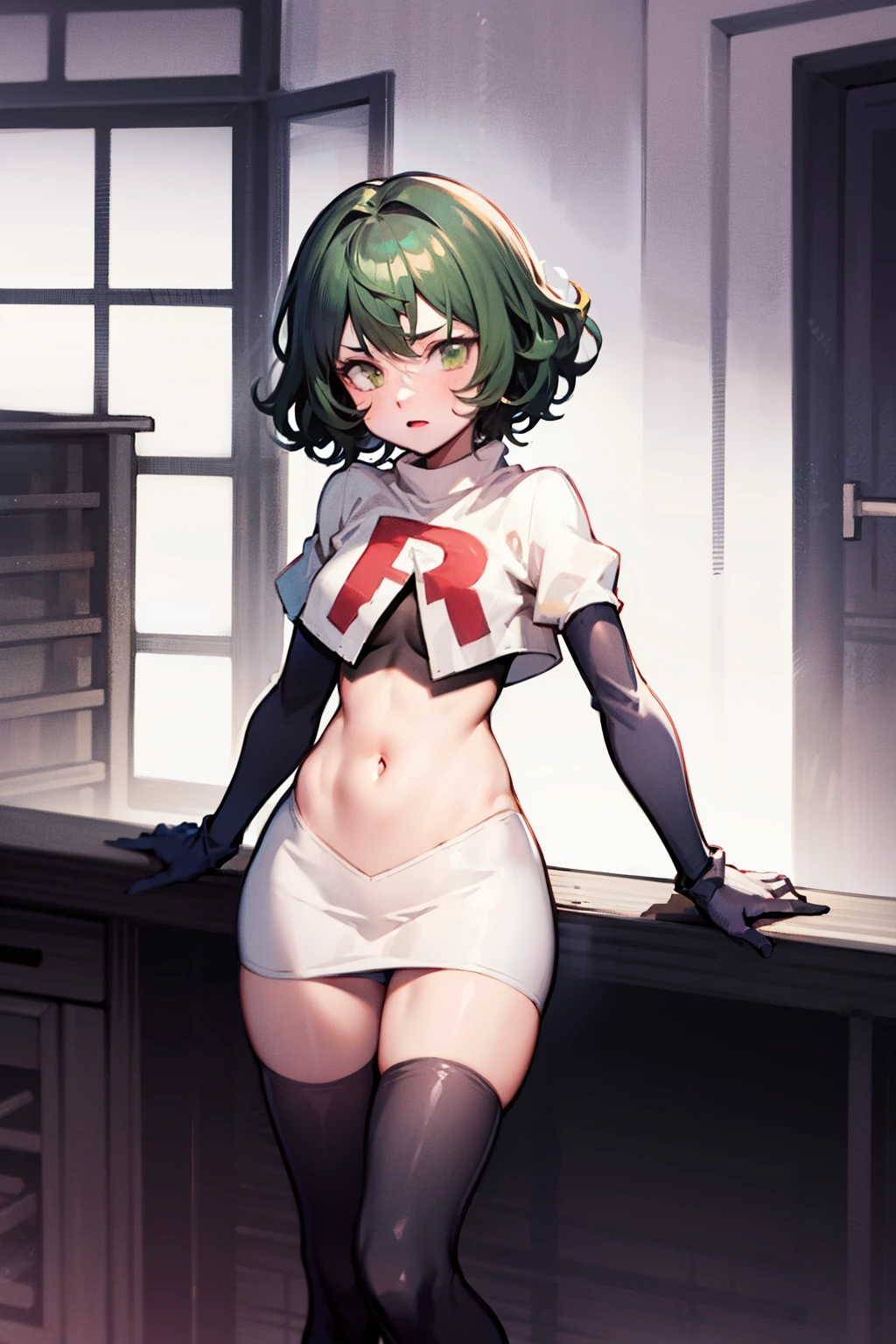 Natural Volumetric Lighting And Best Shadows, Deep Depth Of Field, Sharp Focus,1girl, solo, Terrible_Tornado,looking_at_viewer, blush, short_hair, bangs, green_hair, green_eyes,detailed eyes, small_breasts, green_hair, side_slit, curly_hair, flipped_hair,team rocket,team rocket uniform, red letter R, white skirt,white crop top,black thigh-highs,black elbow gloves