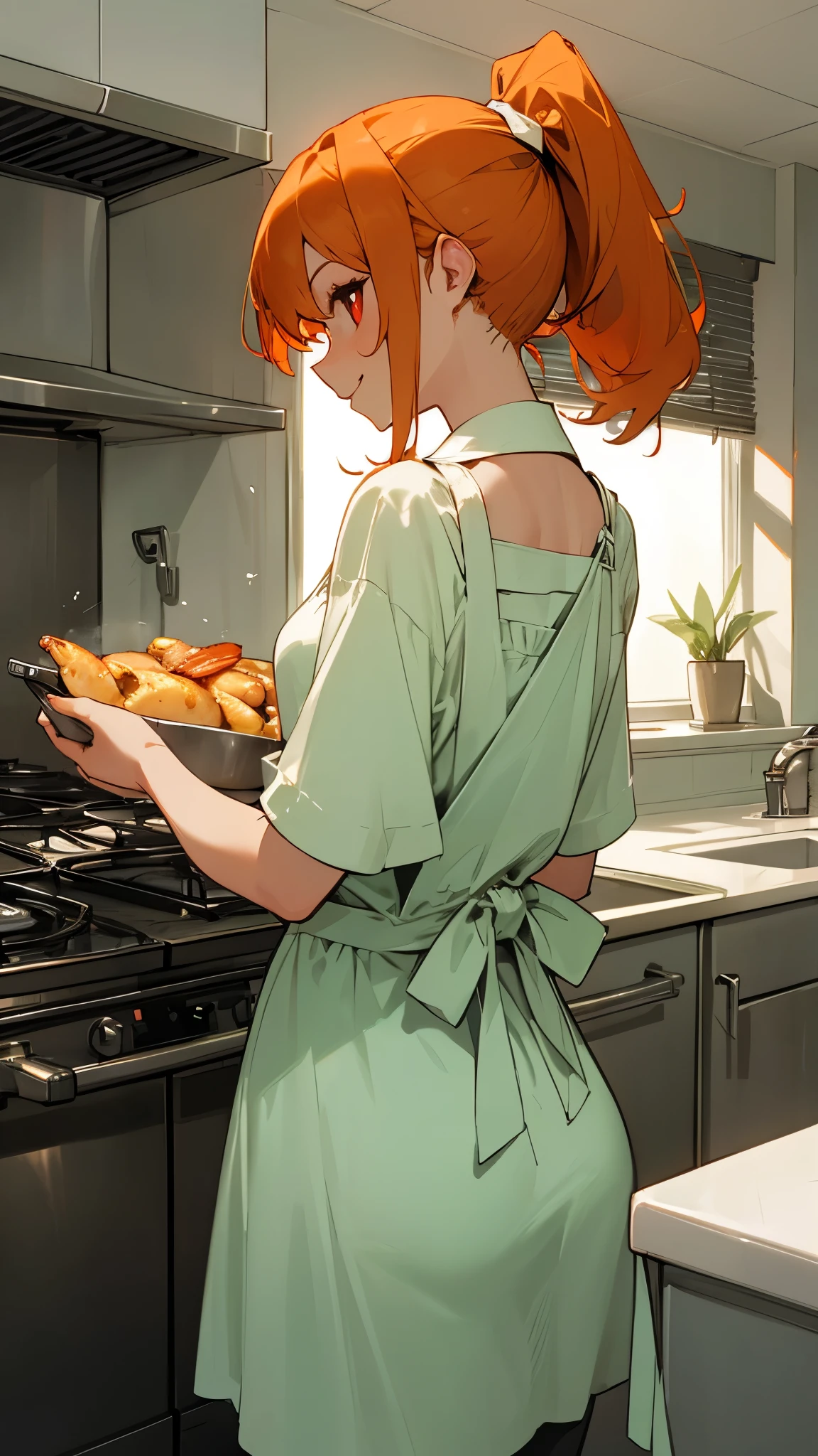 The cute lady shrimp cooks a delicious dish in the kitchen,  from behind 、orange hair、ponytail、round red eyes、apron、Clothes based on green and orange colors、smile、smile