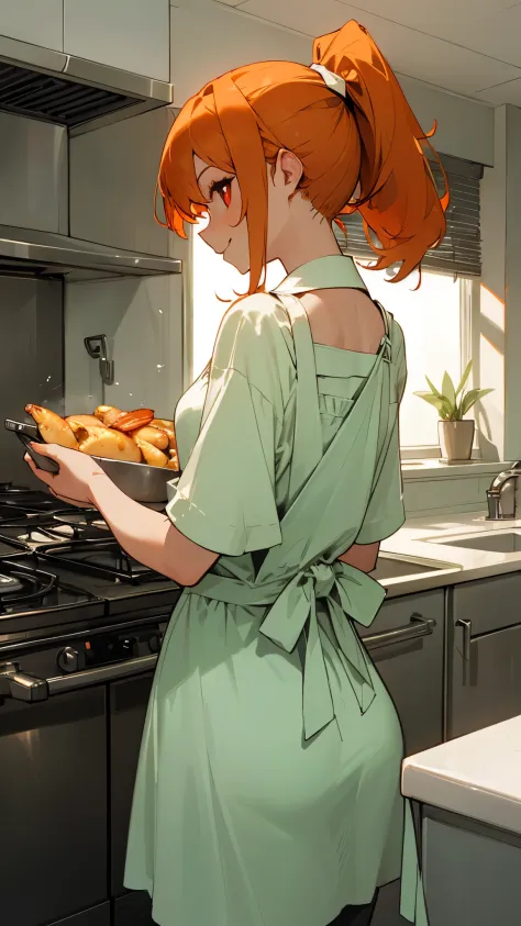 the cute lady shrimp cooks a delicious dish in the kitchen,  from behind 、orange hair、ponytail、round red eyes、apron、clothes base...