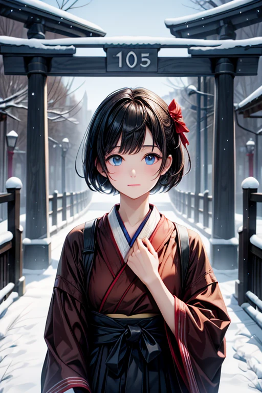 male、hakama、torii、black hair、blue eyes、bouquet、snow、short hair