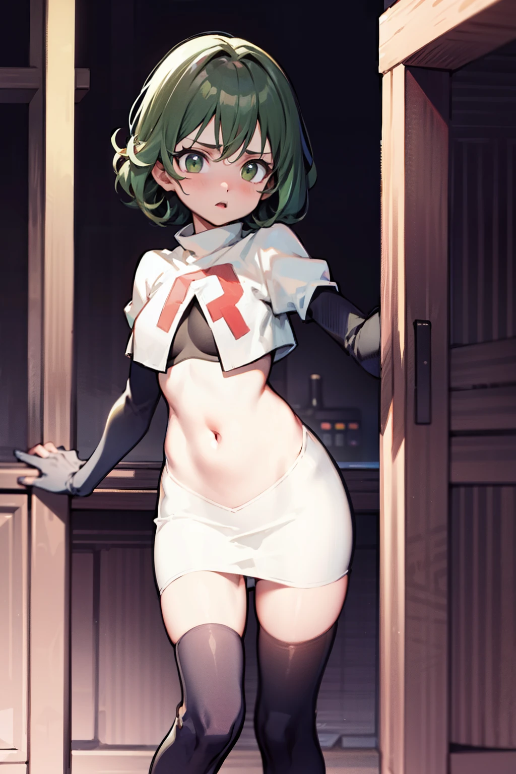 Natural Volumetric Lighting And Best Shadows, Deep Depth Of Field, Sharp Focus,1girl, solo, Terrible_Tornado,looking_at_viewer, blush, short_hair, bangs, green_hair, green_eyes,detailed eyes, small_breasts, green_hair, side_slit, curly_hair, flipped_hair,team rocket,team rocket uniform, red letter R, white skirt,white crop top,black thigh-highs,black elbow gloves