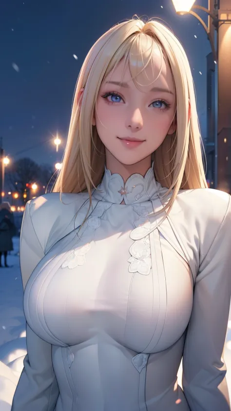 (masterpiece), (best quality), 1girl, (perfect face:1.2), (beautiful face:1.2), platinum blonde hair, (from under, upper body:1.3), happy, light smile, looking at viewer, pose, 
winter coat, outdoors, winter, snow, night time, intricate, depth of field, ci...