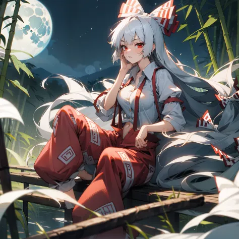 fujiwara no mokou(from touhou) in bamboo forest. she has big tits. she has white hair, red eyes. she's wearing a white shirt, si...