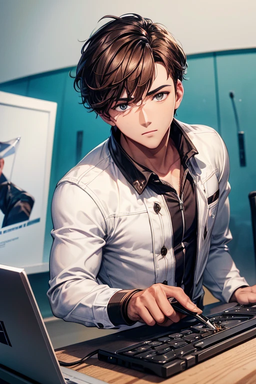 carpenter&#39;s、a handsome guy、short brown hair, white helmet、long sleeve、Drilling a hole in a laptop using an electric drill、High resolution、In 8K、sharp focus、zoom、with the best image quality