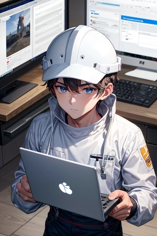 carpenter&#39;s、a handsome guy、wearing a white helmet、long sleeve、Drilling a hole in a laptop PC with a power drill、High resolution、In 8K、sharp focus、zoom、with the best image quality