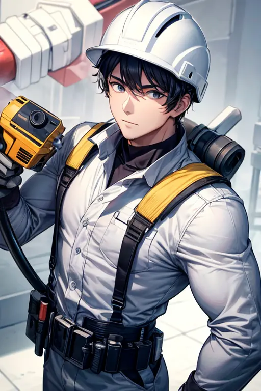 a handsome guy、carpenter man、wearing a white helmet、long sleeve、giant electric drill、holding a large power drill in both hands、h...