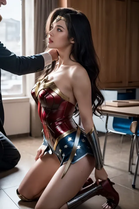 NSFW, Wonder Woman with a distressed expression、Wonder Woman crawls on all fours in front of a man ,(Wonder Woman Costume:1.2), masterpiece, highest quality, realistic:1.4), (shiny skin), (UHD, 8k wallpaper, High resolution), perfect anatomy, cinematic lig...