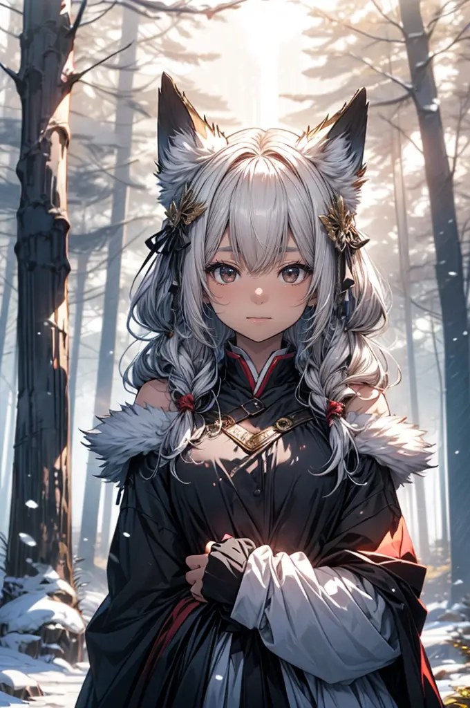 digital art work, masterpiece、 (1 female、charming snow fox:1.3)、fox ears BREAK　Fantastic pure white winter costume、golden decora...