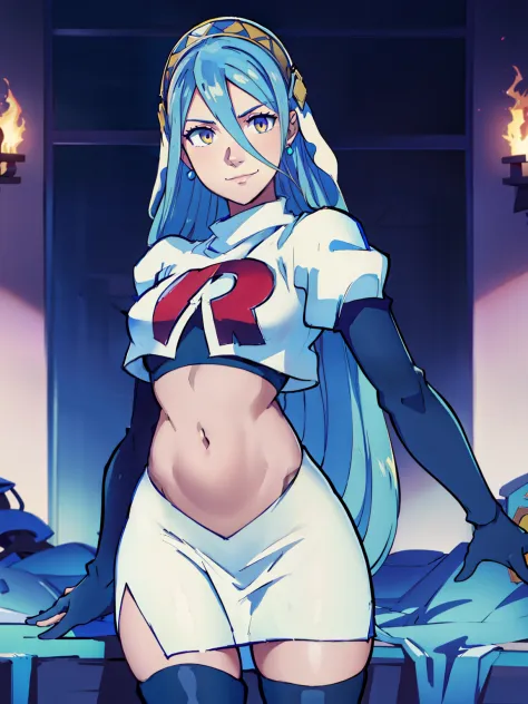 azura \(fire emblem\), yellow eyes ,earrings ,glossy lips, blue eye shadow, makeup ,team rocket uniform, red letter R, white skirt,white crop top,black thigh-high boots, black elbow gloves, evil smile, background