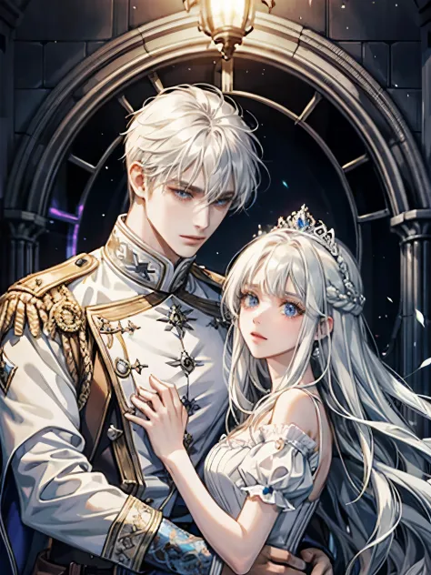 ((highest quality))、((masterpiece)) White and blue princess dresses、light、Girl with long white hair、palace、Brilliant、happy man a...