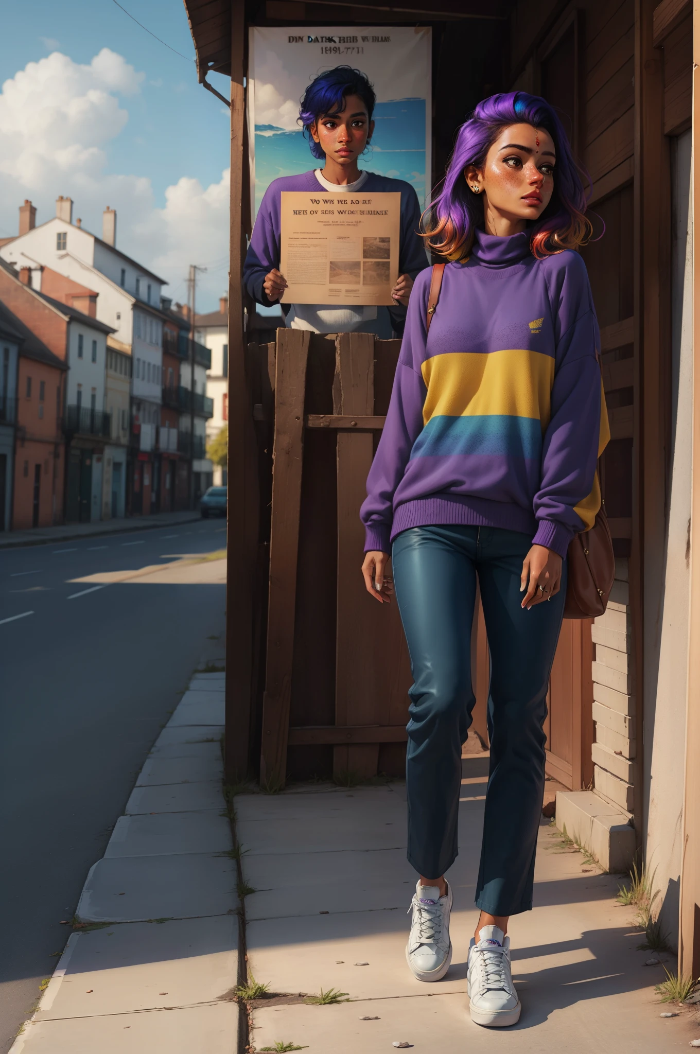masterpiece, best quality, freckles, solo, dark skin, piercing, 1girl, wind blowing hair, multicolored hair, shoes, black sneakers, purple eyes, blue sweater, undercut, blush, long sleeves, full body, pants, indian style, looking away, looking to the side, outdoors, poster art 1970's, tritone