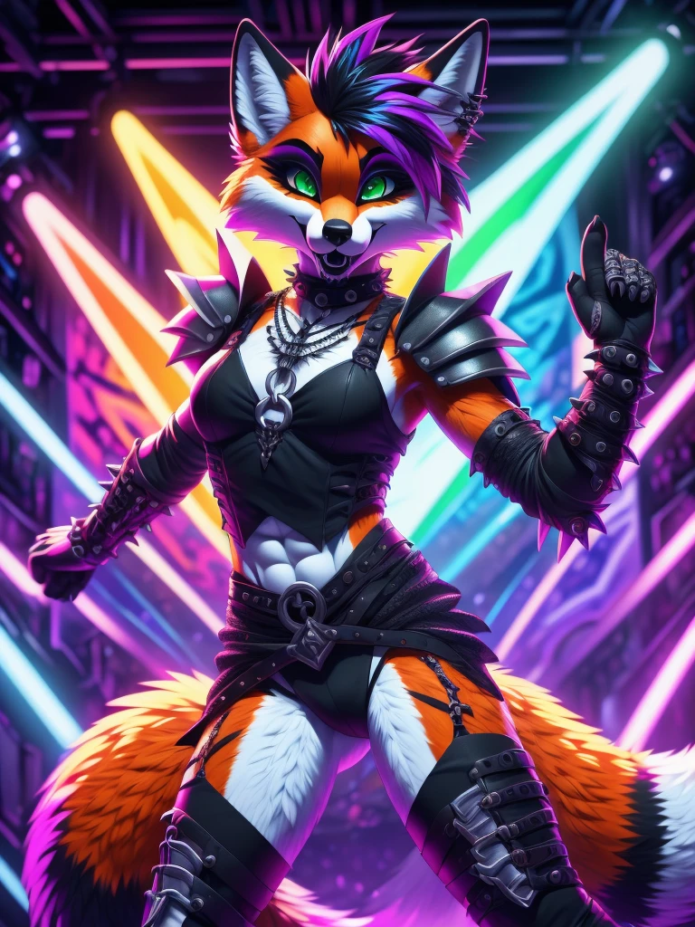 (best quality,4k,8k, highres, masterpiece:1.2), (furry; anthro fox), well-toned abs, ultra-detailed, dynamic lewd pose, ((horny)), ((sexy)), goth makeup, edgy punk hairstyle, detailed eyes and face, long eyelashes, gothic punk style, knight armor, vibrant colors, excited, green eyes, orange fur
