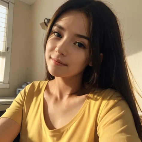 (8k, RAW photo, best quality, masterpiece:1.2),(realistic, photo-realistic:1.37), 1girl, no. 105 , side lens, close-up, selfie, soft smile, closed mouth, upper body, yellow t-shirt, long hair, wall home background