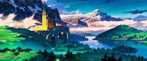 a close up of a castle on a hill with a river in the background, detailed scenery, anime landscape, gorgeous scenery, anime coun...