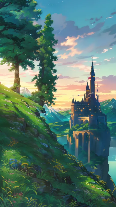 a close up of a castle on a hill with a river in the background, detailed scenery, anime landscape, gorgeous scenery, anime coun...